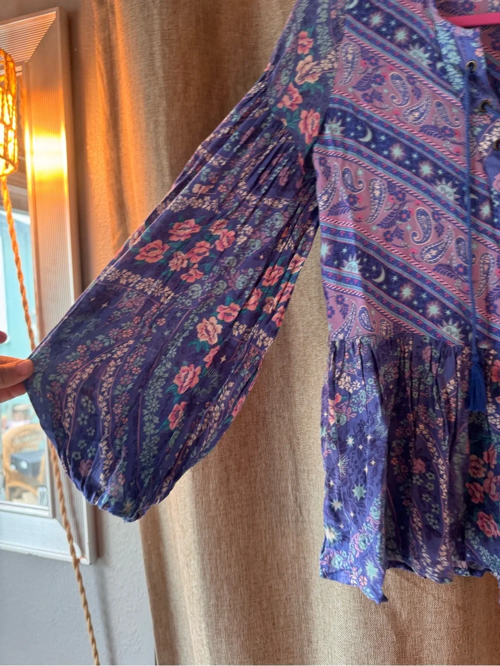 Spell City Lights Lace-Up Boho Blouse in Purple and Pink Paisley